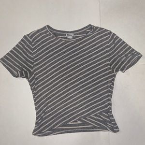Gray and white striped short sleeved crop top